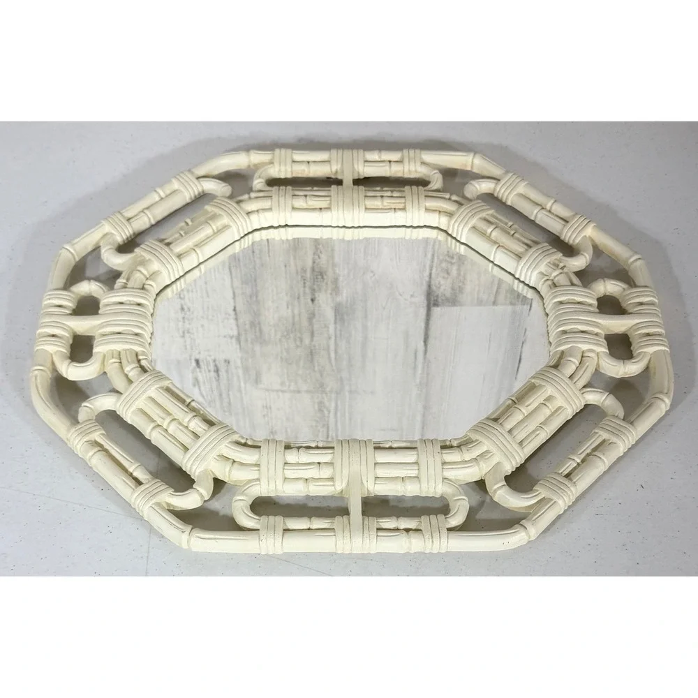 Homco Wall Mirror 17x14 Cream Faux Bamboo Octagon Vintage 1983 USA Boho Cottage